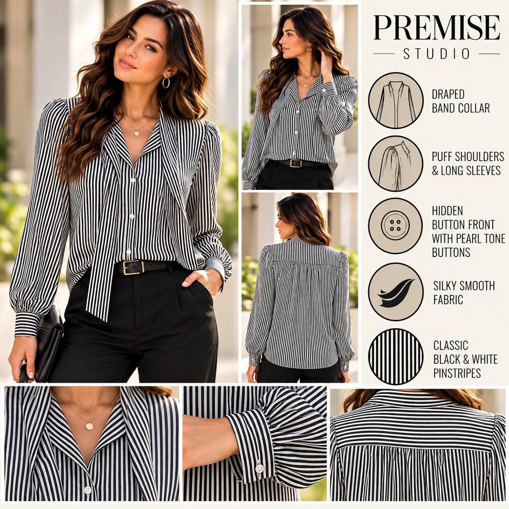 Premise Studio Blouse Womens XS Black White Striped Long Sleeve Button Front